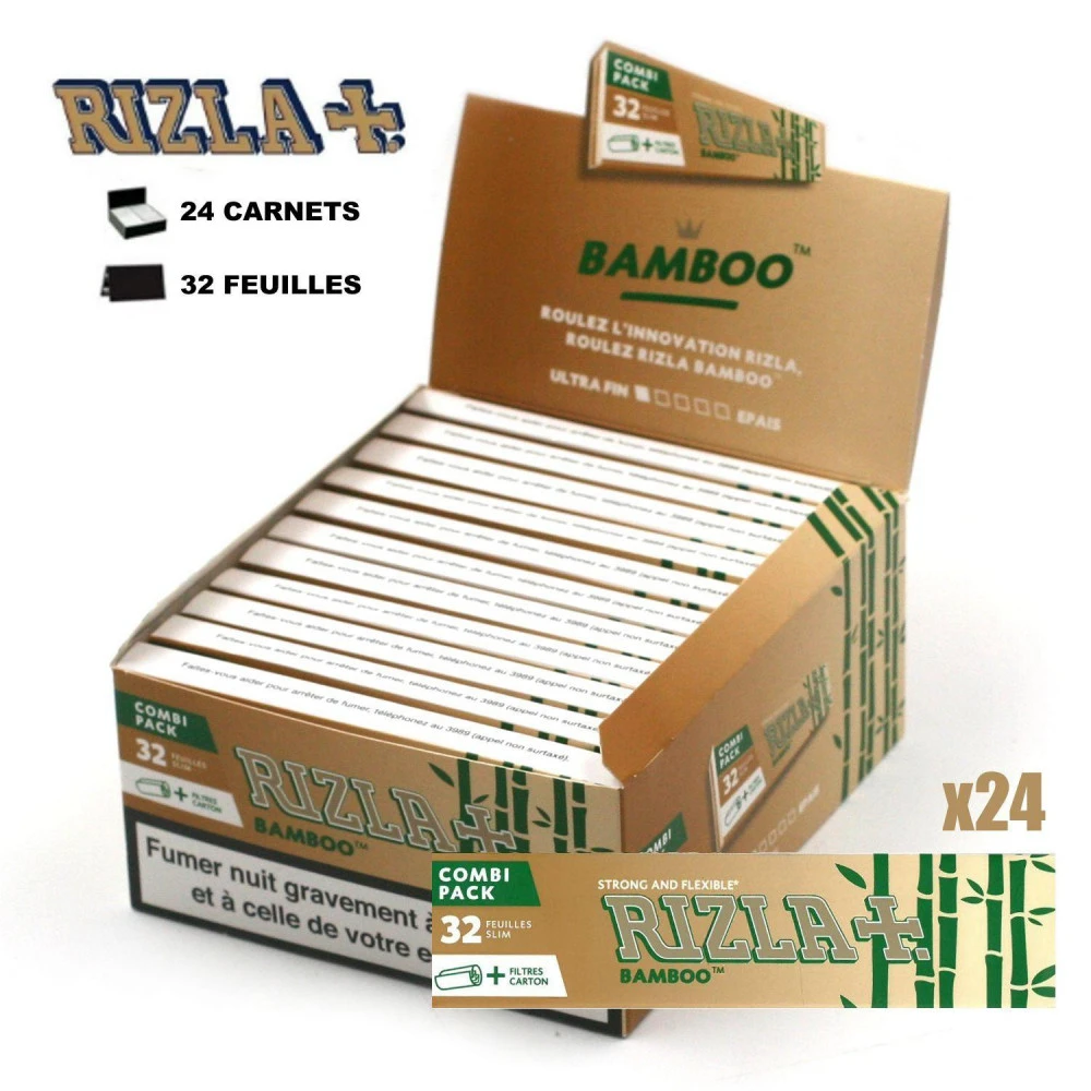 Boite De 24 Paquets De Feuilles Slim Rizla Bamboo + Filtres Cartons 1 Boite De 24 Paquets De Feuilles Slim Rizla Bamboo + Filtres Cartons