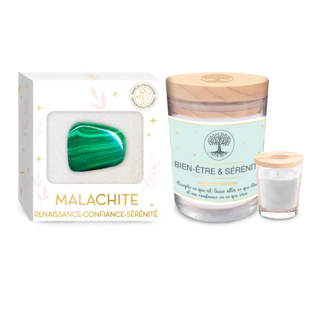 Coffret Bien Être - Bougie Et Pierre De Lithothérapie Malachite 2 Coffret Bien Être - Bougie Et Pierre De Lithothérapie Malachite – Image 2