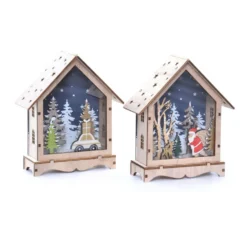 Déco De Noël - Lot De 2 Maisons Lumineuses Avec Père Noël